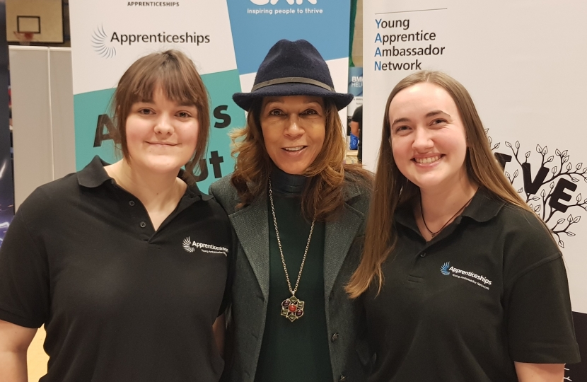 Helen Grant with Young Apprentice Ambassadors and inspiring women in STEM AT Maidstone Apprenticeship Fair